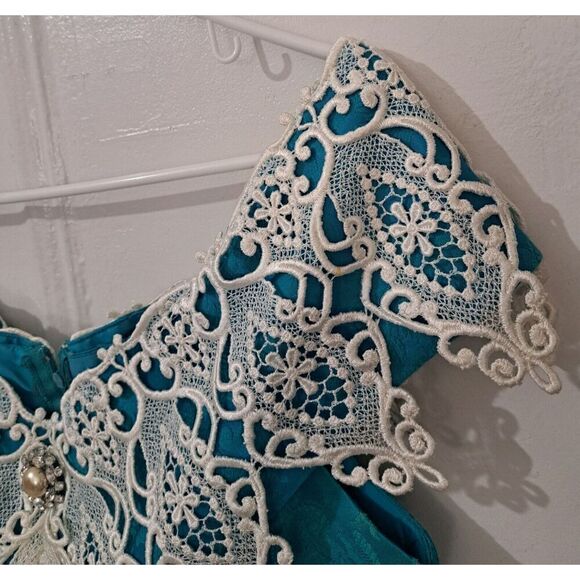 Vintage Scott McClintock Womens Medium TURQUOISE BLUE Cocktail dress Off Shoulde - Picture 2 of 7